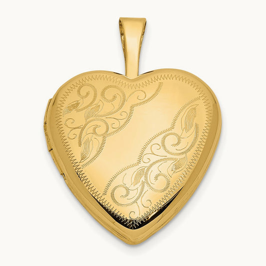 Leaf and Scroll Heart Locket, 16mm, 14K Yellow Gold