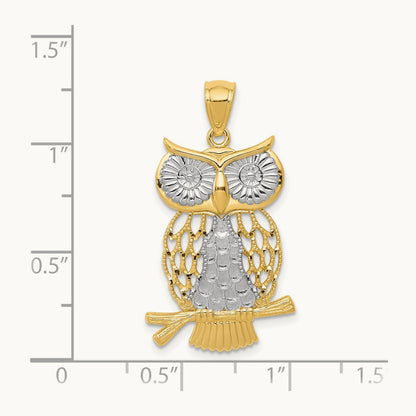 w/ Rhodium Diamond-cut Polished Moveable Owl Pendant, 14K