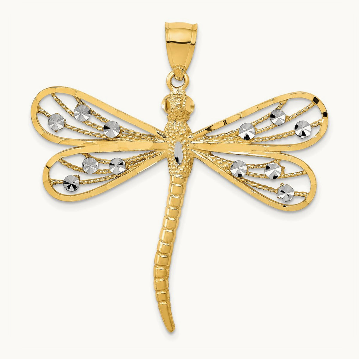 w/Rhodium Diamond-cut Filigree Dragonfly Pendant, 14K