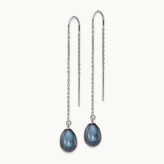 7- Black Teardrop FW Cultured Pearl Threader Earrings, 8mm, 14K White Gold
