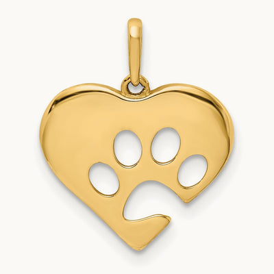 Polished Heart w/Paw Print Pendant, 14K