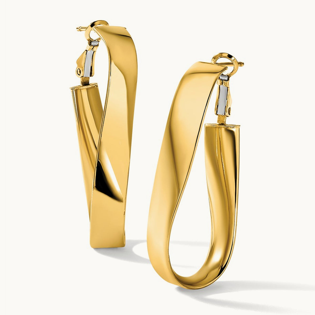 High Polished Twisted Omega Back Oval Hoop Earrings, 7mm, 14K