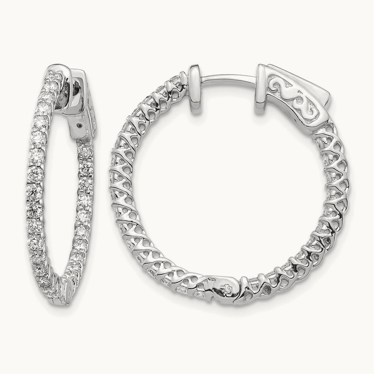 Diamond Round Hoop w/Safety Clasp Earrings, 14K White Gold