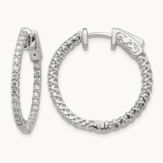 Diamond Round Hoop w/Safety Clasp Earrings, 14K White Gold