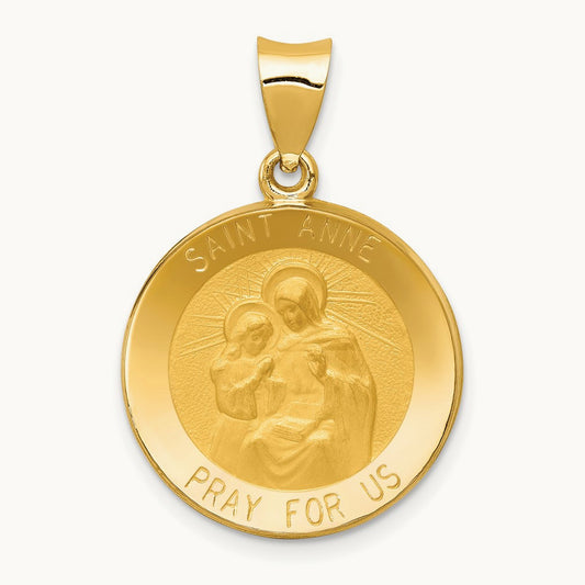 Polished and Satin St. Anne Medal Hollow Pendant, 14K