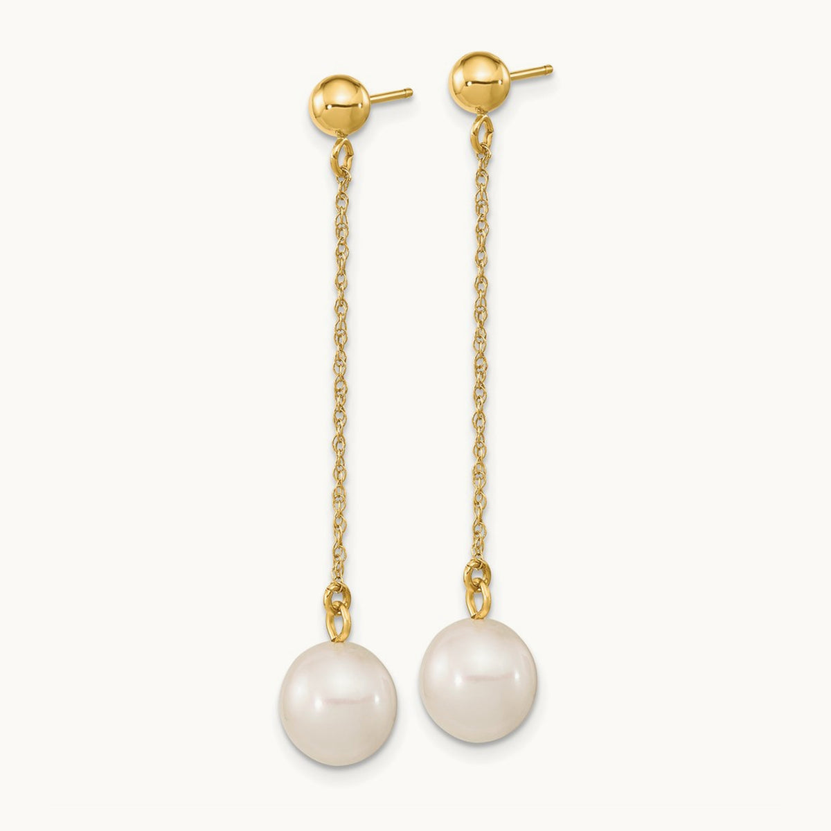 Round Freshwater Cultured Pearl Post Dangle Earrings — 14K Yellow Gold