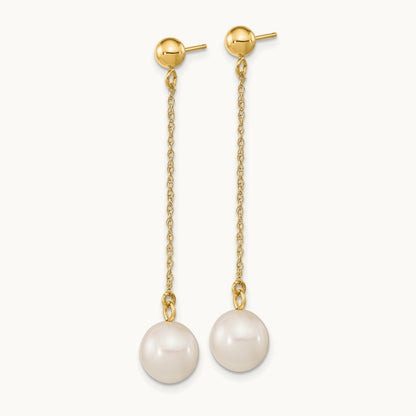 Round Freshwater Cultured Pearl Post Dangle Earrings — 14K Yellow Gold