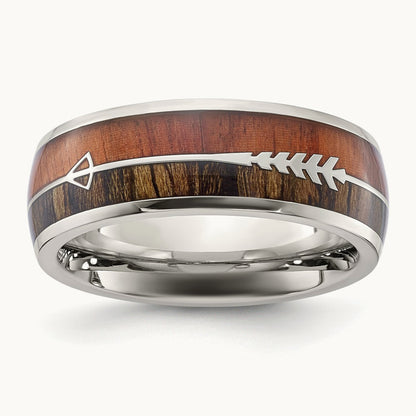 Polished with Wood Inlay Arrow Band, 8mm, Stainless Steel