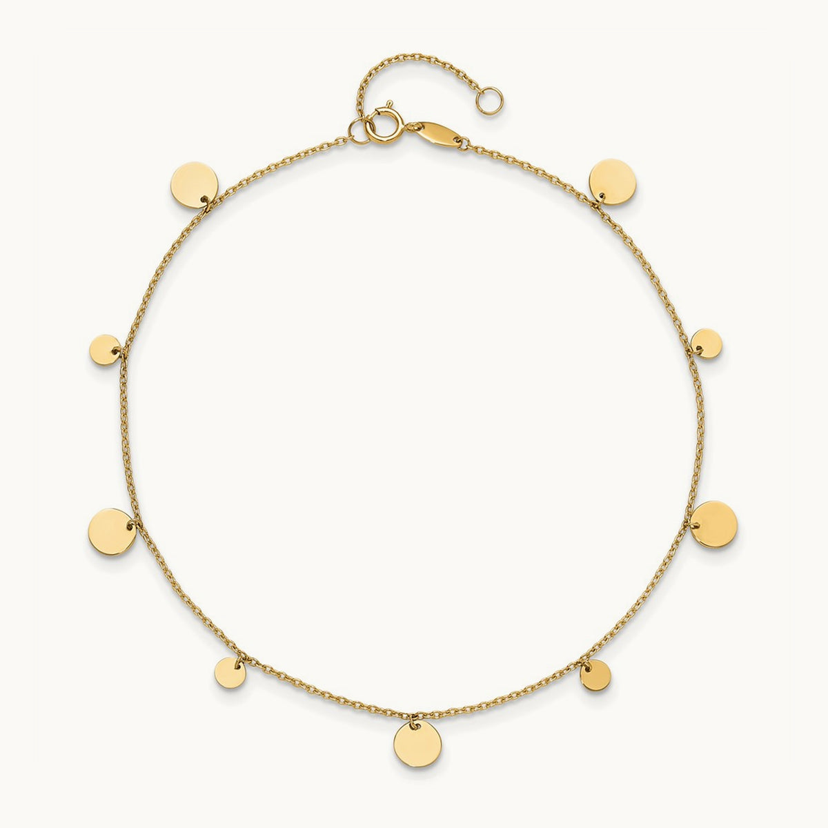 Polished Circles 9in Plus 1in ext. Anklet, 14K