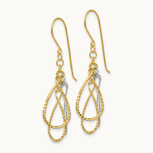 Diamond Cut Tear Drop Shepherd Hook Earrings — 14K Two-Tone Gold