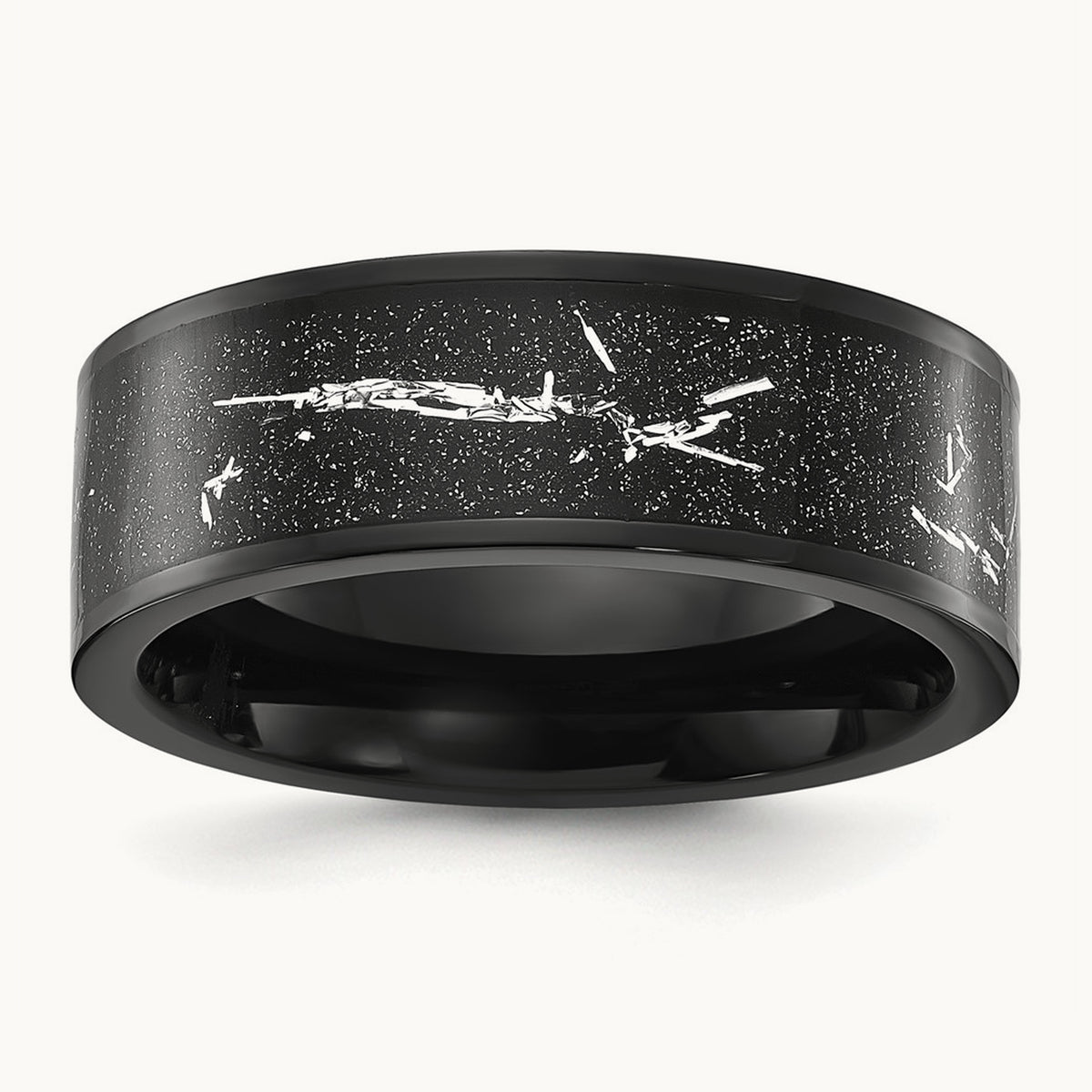 Polished Black IP-plated w/Black and Silver Foil Inlay Band, 8mm, Titanium