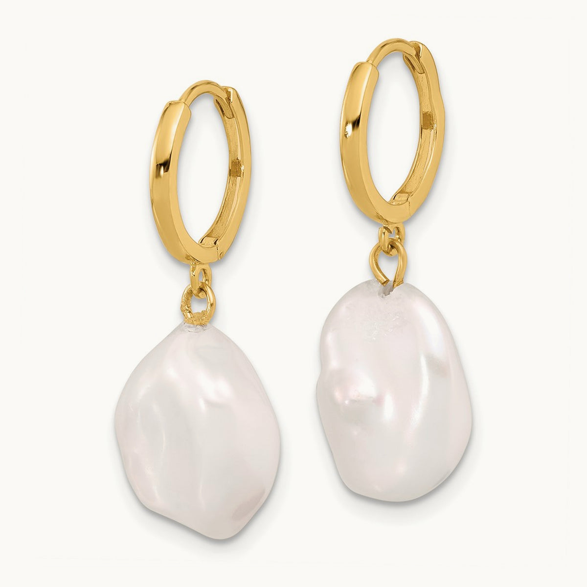 11- White Keshi Freshwater Cultured Pearl Dangle Hoop Earrings, 12mm, 14K