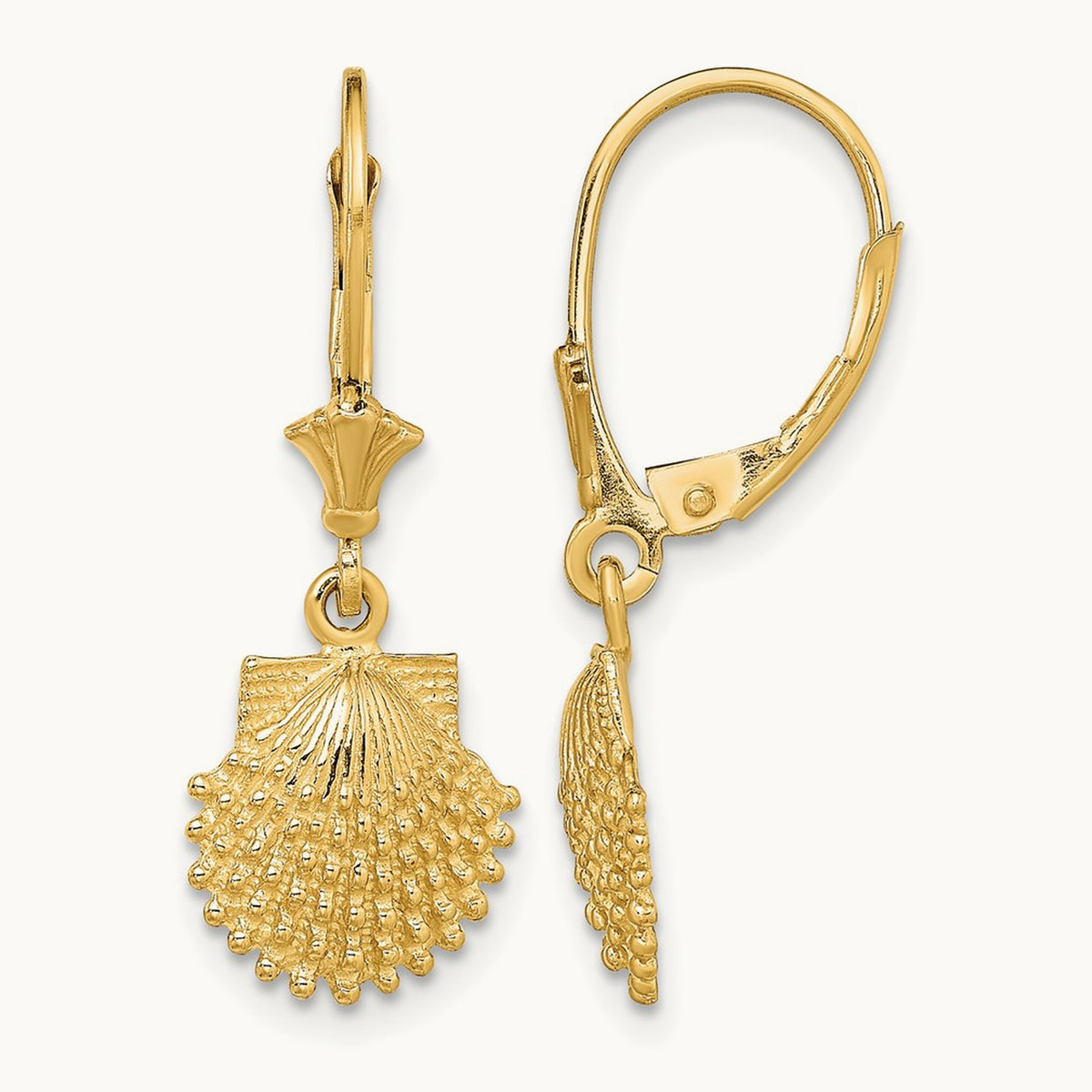 2-D Beaded Scallop Shell Leverback Earrings, 14K