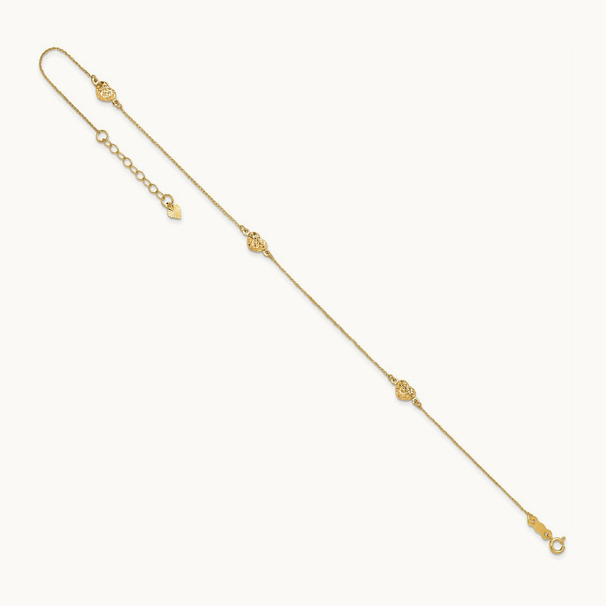 Puff Heart 9in Plus 1in ext. Anklet, 14K