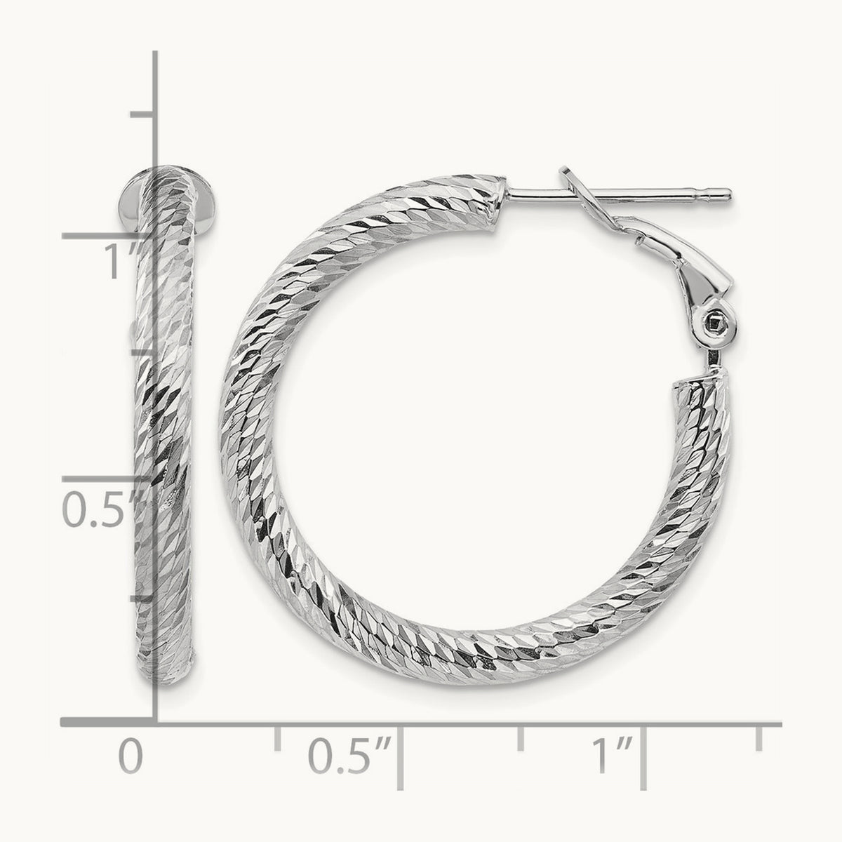 Diamond-cut Round Omega Back Hoop Earrings — 14K White Gold, 3x27mm