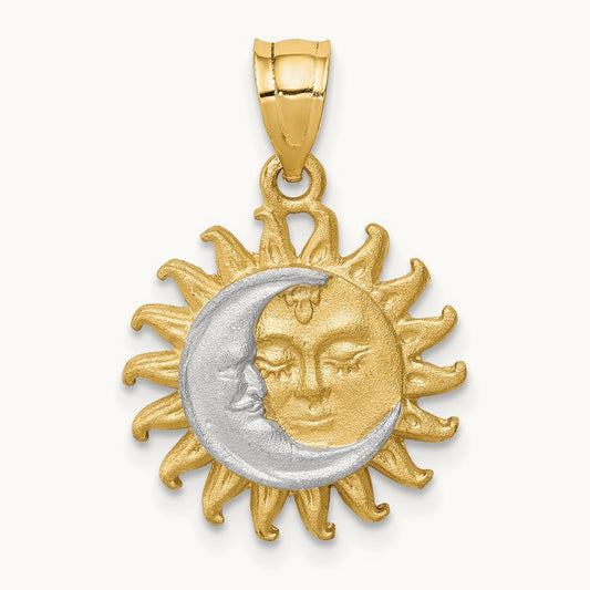 Rhodium Brushed Sun and Moon Pendant, 14K White