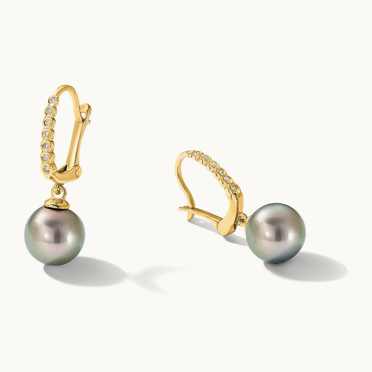 8- Round Black Tahitian Pearl and .07ct Diamond Dangle Earrings, 9mm, 14K