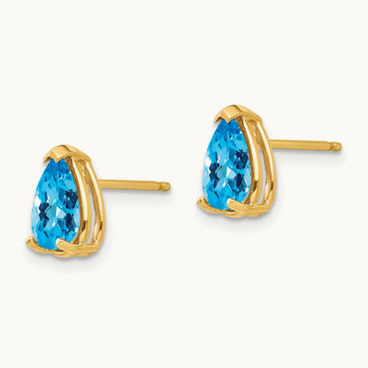 8x5mm Pear Blue Topaz Checker Earrings, 14K