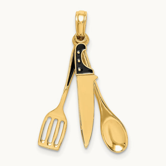 3-D Enamel Butcher Knife, Spoon and Spatula Moveable Charm, 14K