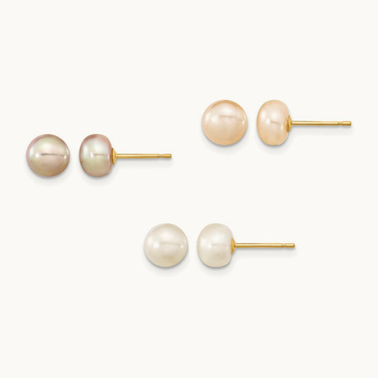 6- Button Freshwater Cultured Pearl Boxed 3 pair Post Earrings Set, 7mm, 14K