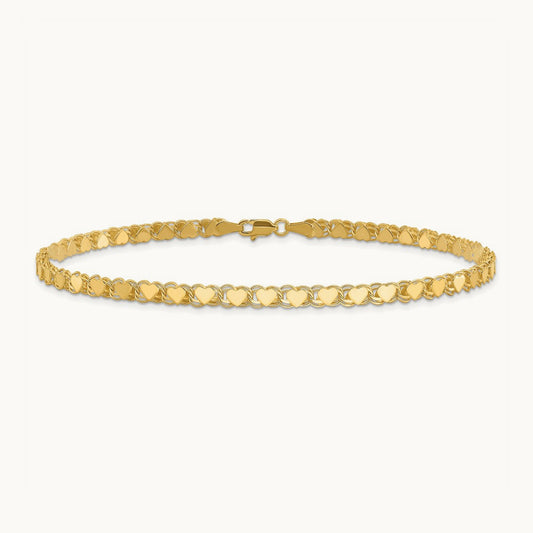 Polished Double-Sided Heart 10in Anklet, 14K