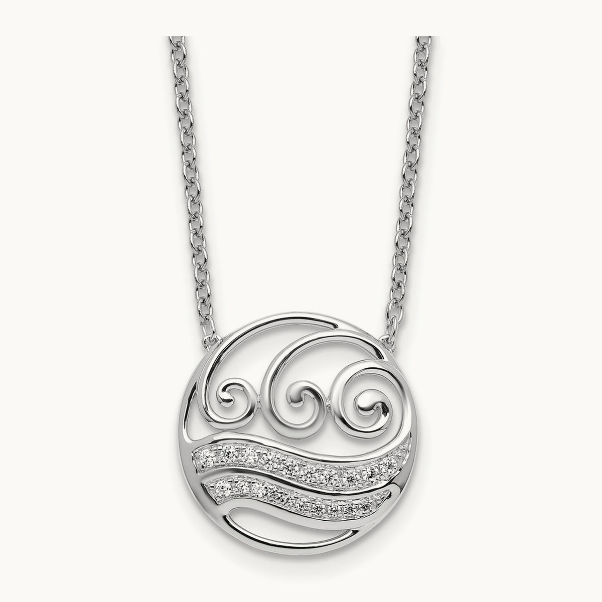 Polished Diamond Circle with Waves Necklace, 14K White Gold