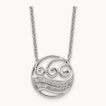 Polished Diamond Circle with Waves Necklace, 14K White Gold
