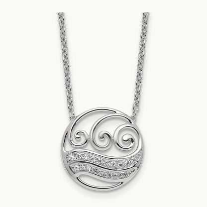 Polished Diamond Circle with Waves Necklace, 14K White Gold