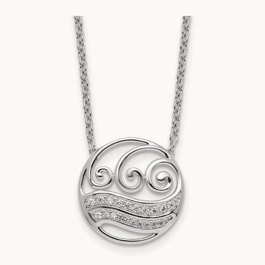 Polished Diamond Circle with Waves Necklace, 14K White Gold
