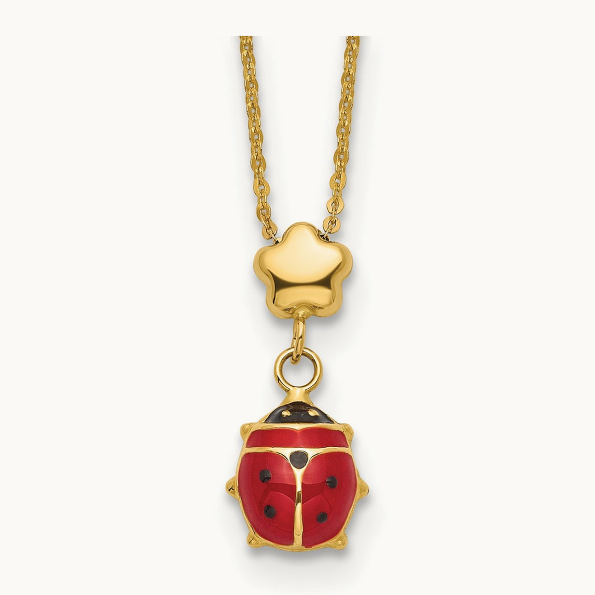 Polished Enameled Flower with Ladybug 16.5in Necklace, 14K