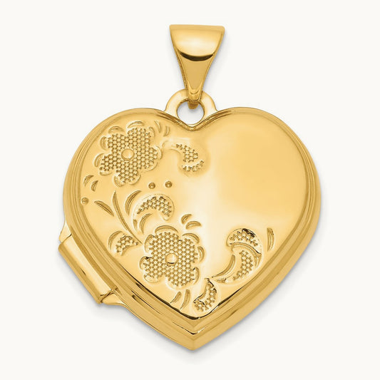 Polished Heart-Shaped Floral Locket, 18mm, 14K