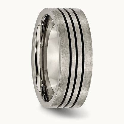 Satin and Polished Black Enamel Striped Flat Band, 8mm, Titanium