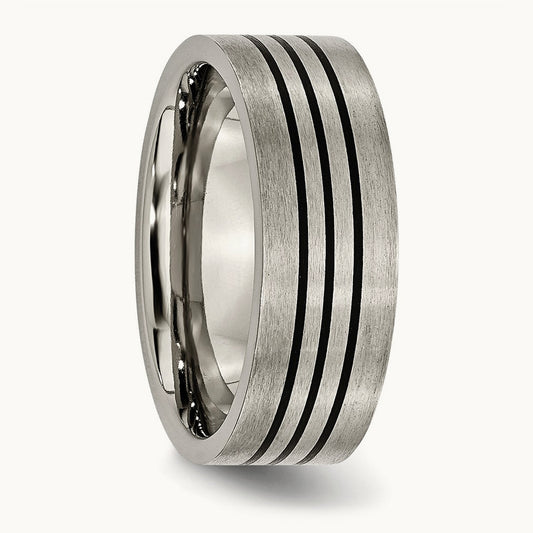 Satin and Polished Black Enamel Striped Flat Band, 8mm, Titanium