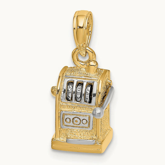 Rhodium 3D Slot Machine w/Moveable Handle Charm, 14K