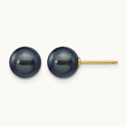 7- Black Round Freshwater Cultured Pearl Stud Post Earrings, 8mm, 14K