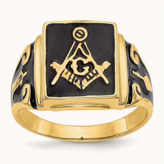 Men's Polished and Textured (No Enamel) Masonic Ring, 14K