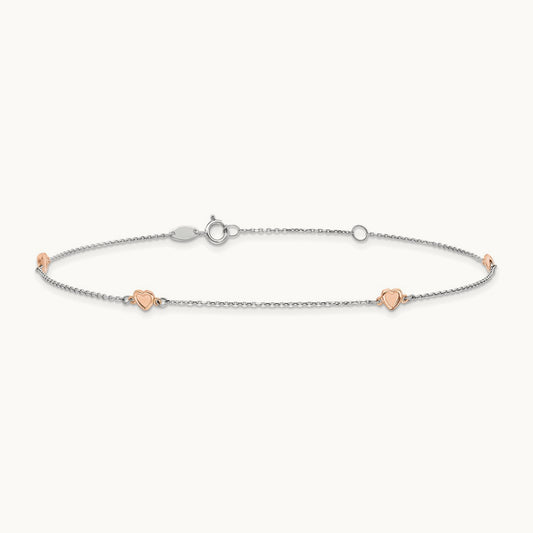 Satin Hearts 9in Plus 1in ext. Anklet, 14K Two-tone White with Rose