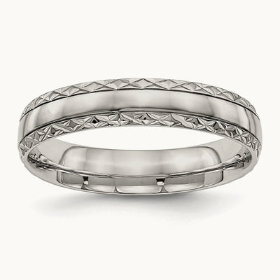 Polished Satin Center Criss Cross Design Grooved Band, 5mm, Stainless Steel