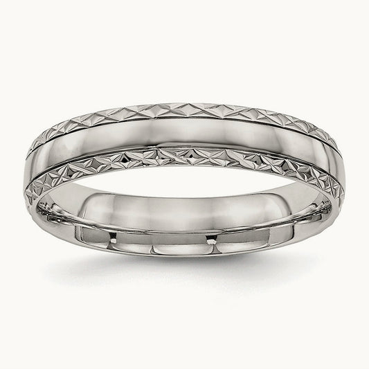 Polished Satin Center Criss Cross Design Grooved Band, 5mm, Stainless Steel