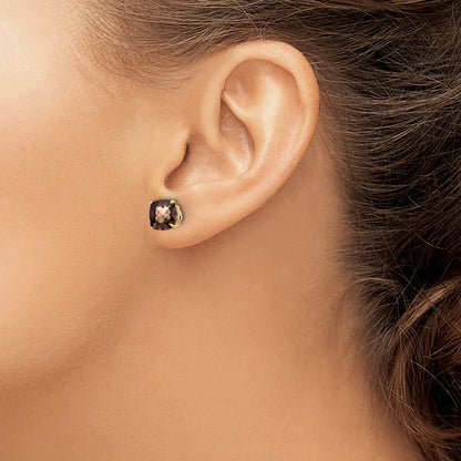Cushion Checker-Cut Smoky Quartz Earring — 14K Yellow Gold