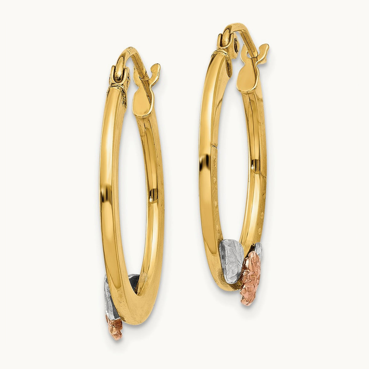 & Rose Gold w/ Rhodium Diamond Cut Flower Hoop Earrings, 14K Yellow