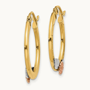 & Rose Gold w/ Rhodium Diamond Cut Flower Hoop Earrings, 14K Yellow