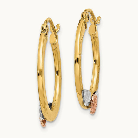 & Rose Gold w/ Rhodium Diamond Cut Flower Hoop Earrings, 14K Yellow