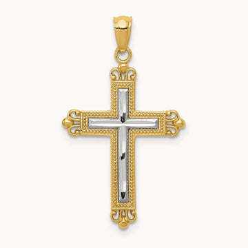 w/Rhodium Diamond Cut Cross Pendant, 14K