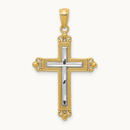w/Rhodium Diamond Cut Cross Pendant, 14K