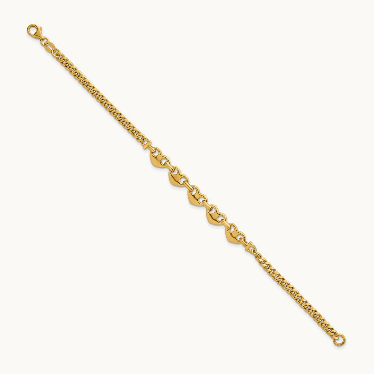 Polished Hearts Curb Link 7inch Bracelet, 14K
