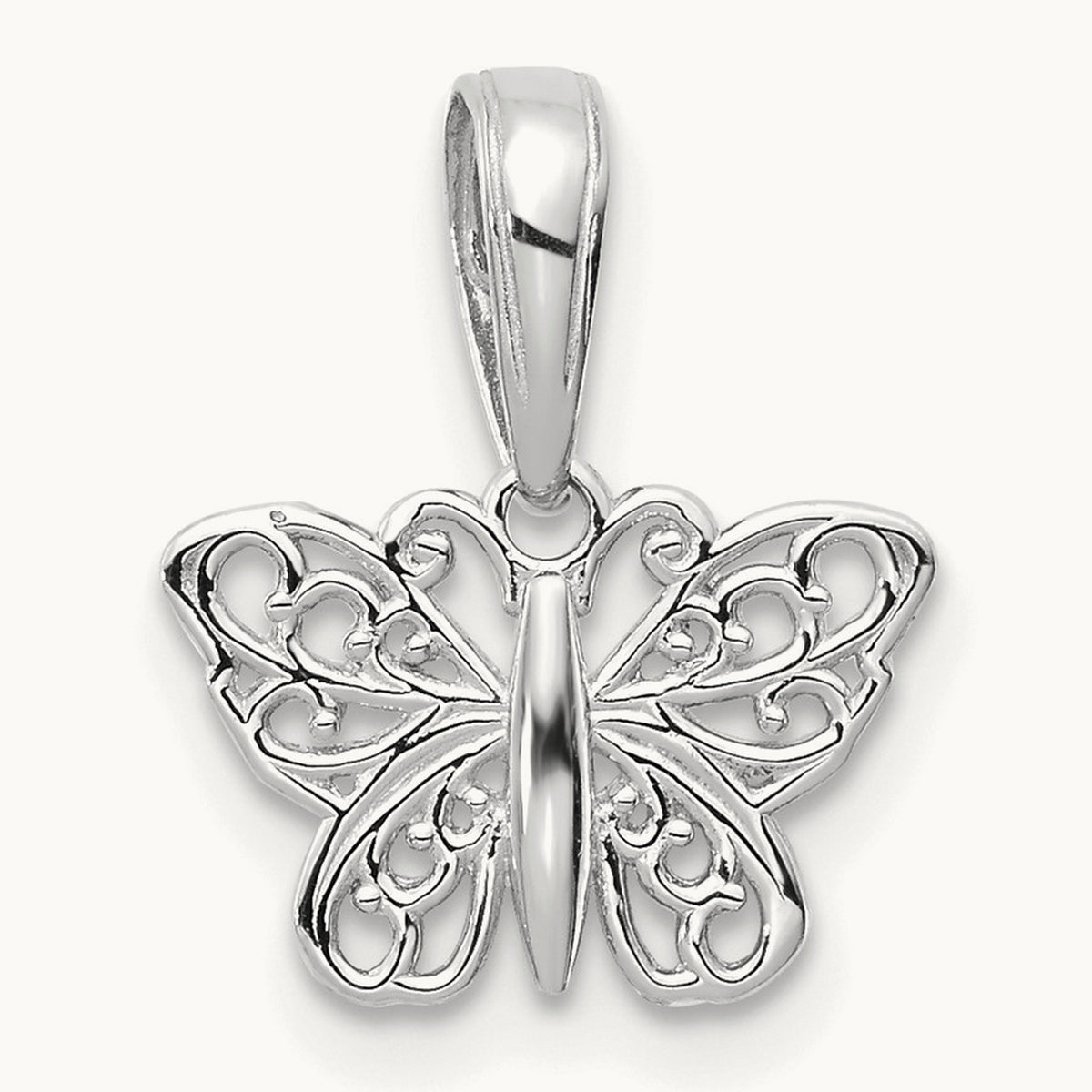 Polished Filigree Butterfly Charm — 14K White Gold
