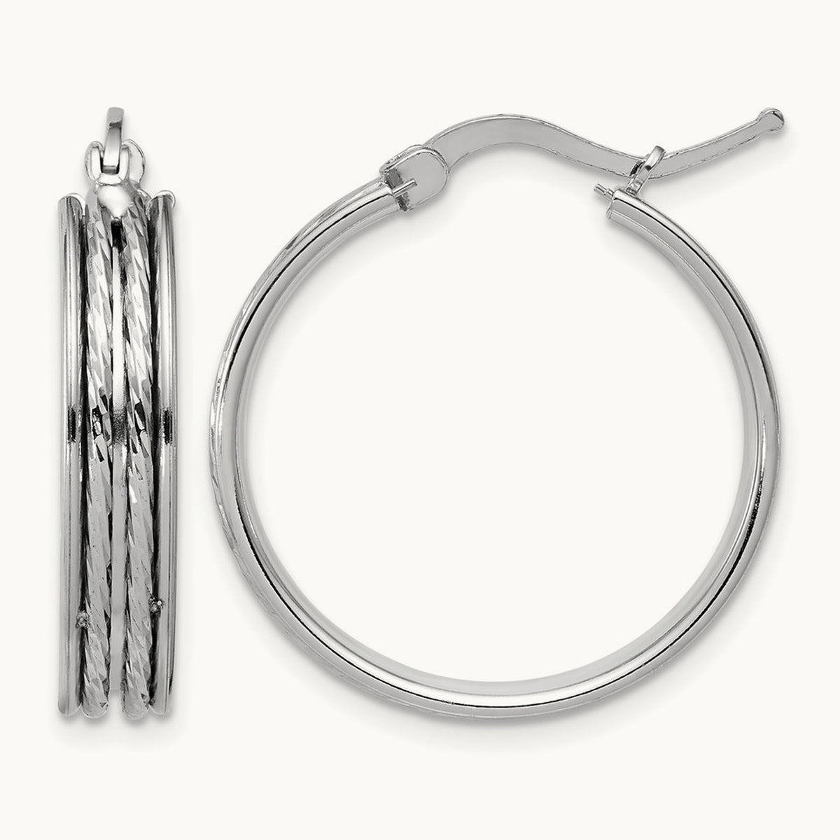 Rhodium-plated Polished and Diamond-cut Round Hoop Earrings — 25x5mm