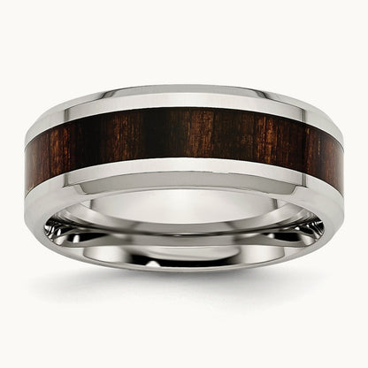 Polished Black Koa Wood Inlay Enameled Band, 8mm, Stainless Steel