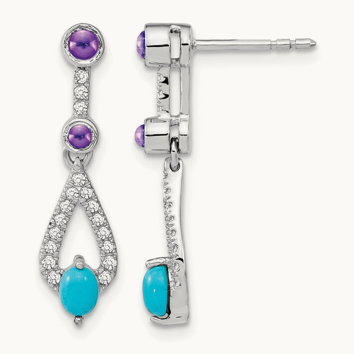 Turquoise/Amethyst/White Topaz Dangle Earrings, 14K White Gold